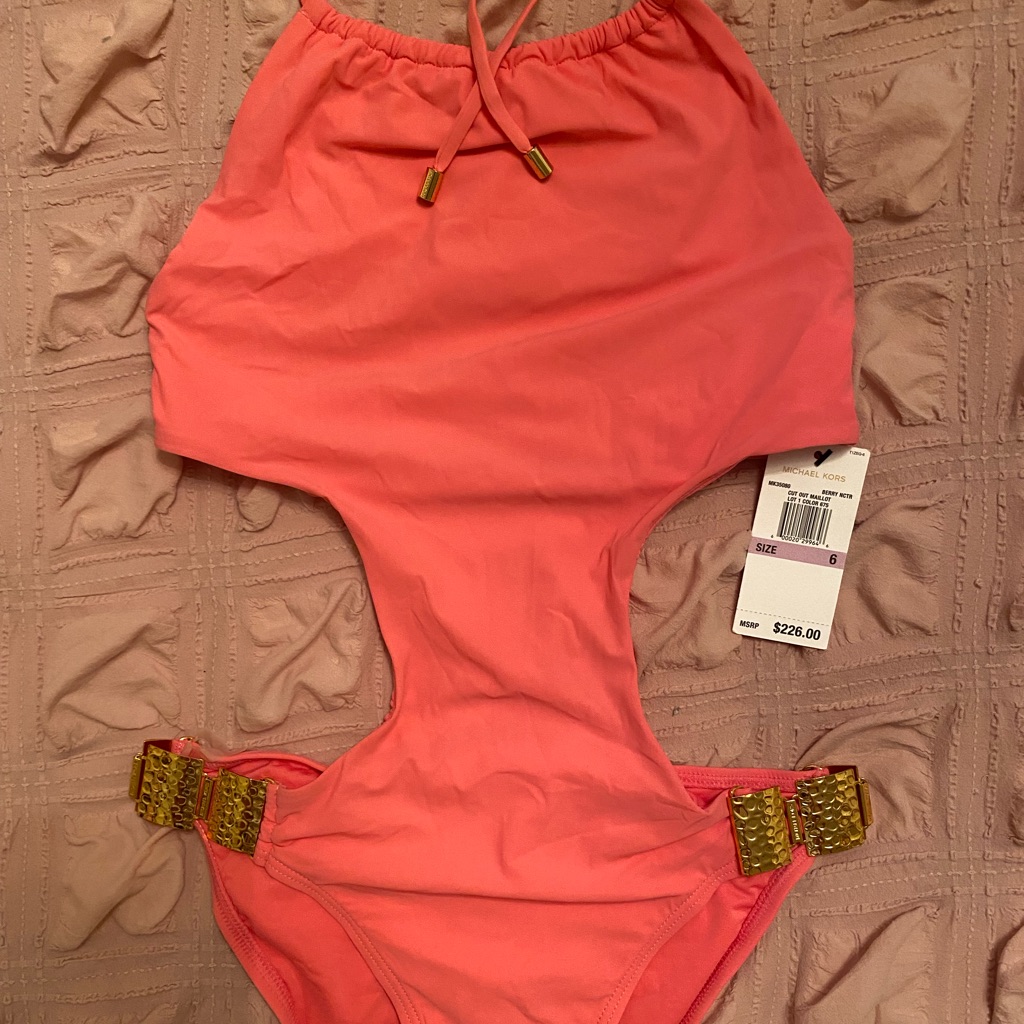 Nwt Michael Kors One Piece Swimsuit In Sz 6 Berry Pink Color With Golden Accents